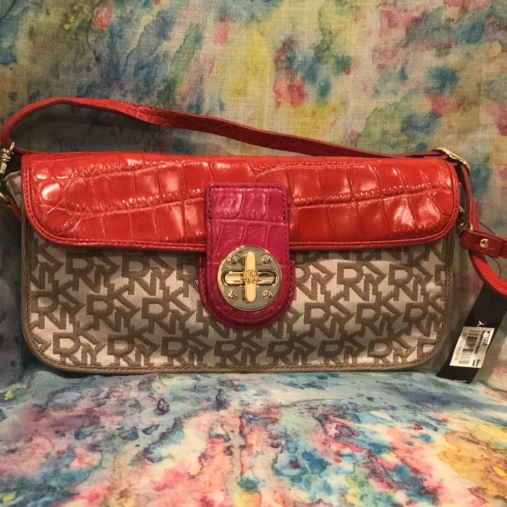 DKNY red and pink crossbody or clutch purse